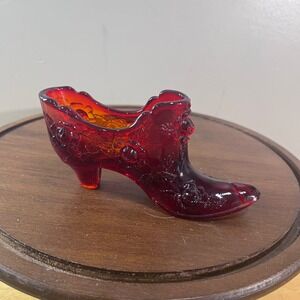 Fenton Glass Shoe Vtg Amberina Red Orange Cannage Rose Pattern Slipper